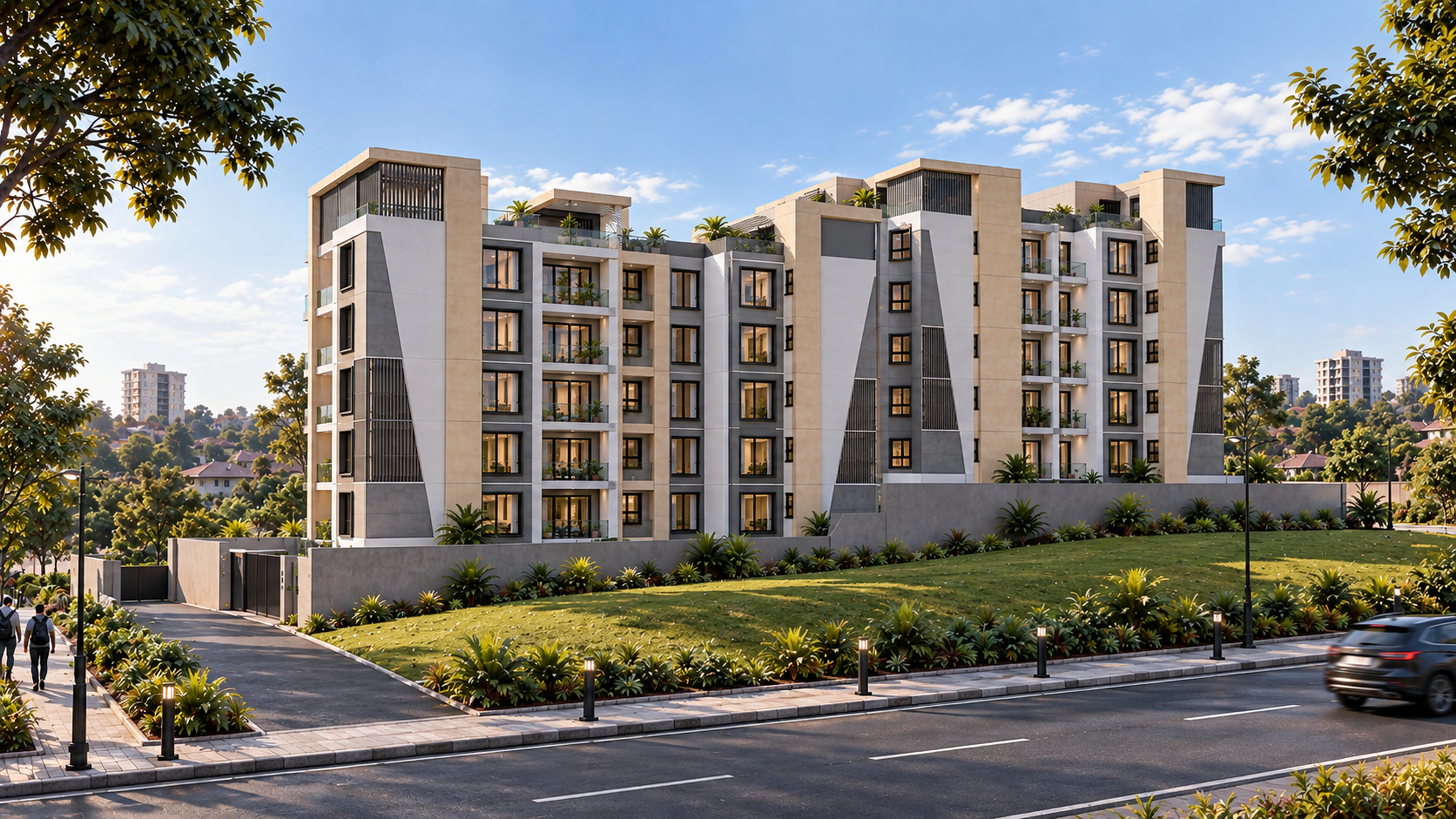 Two apartment blocks in their sloping-site setting