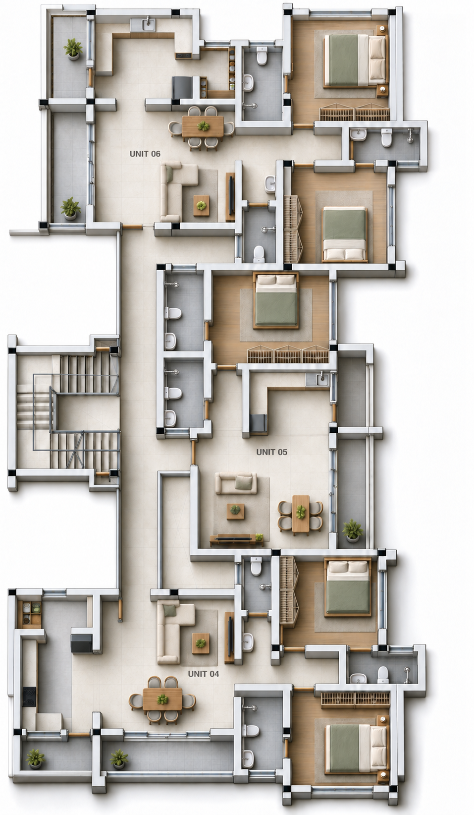 Furnished floor plan · Units 06, 05 and 04