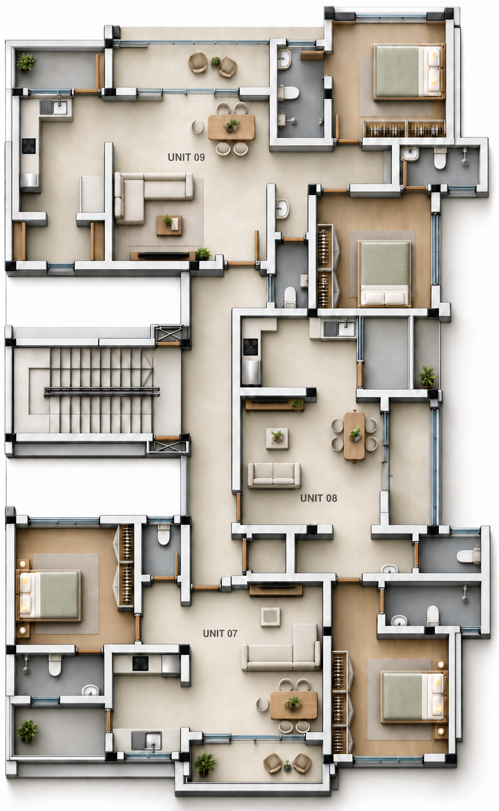 Furnished floor plan · Units 09, 08 and 07